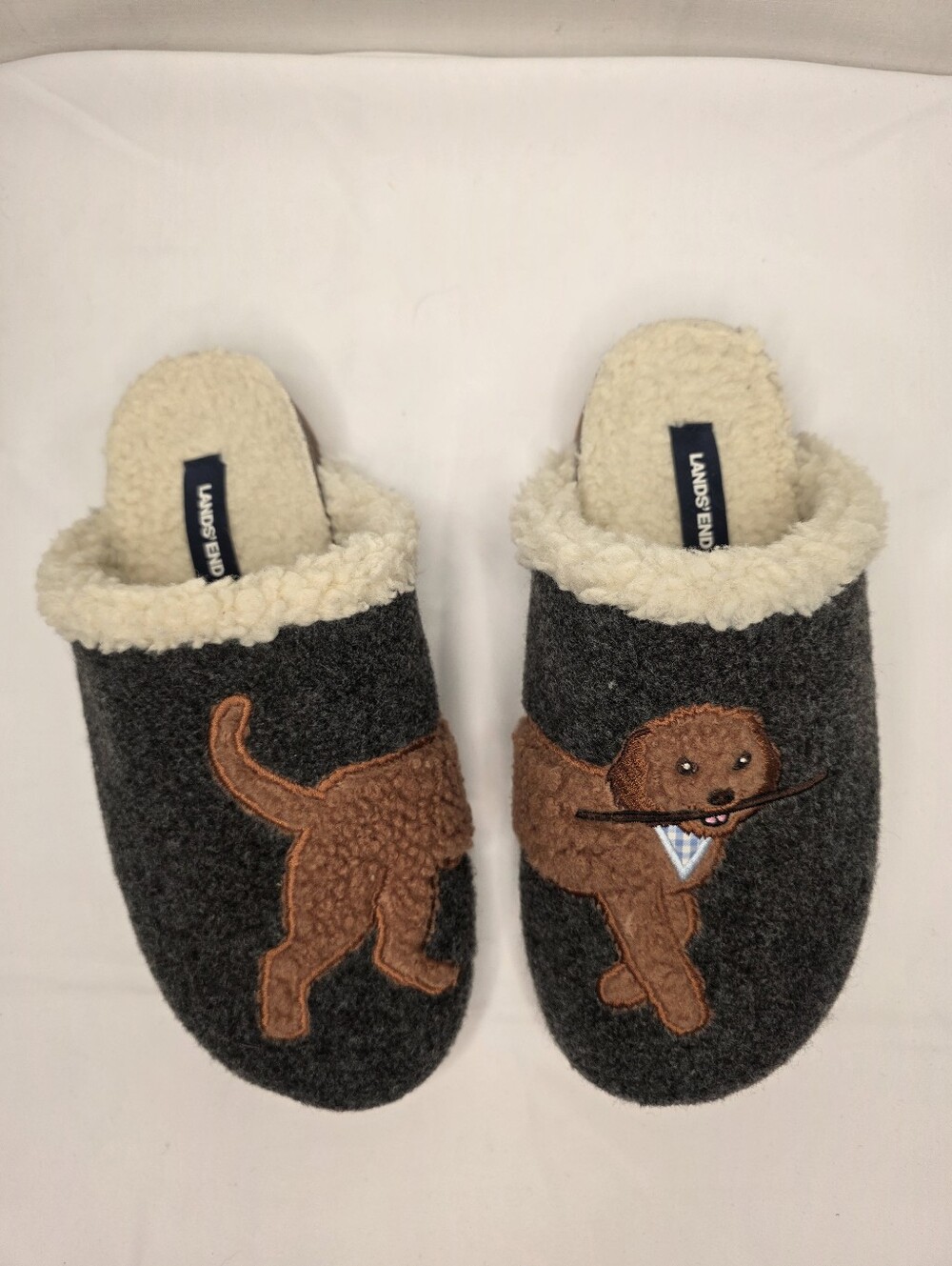 Lands' End Goldendoodle Dog Wool Clog Slippers Sherpa Lined Grey 8B